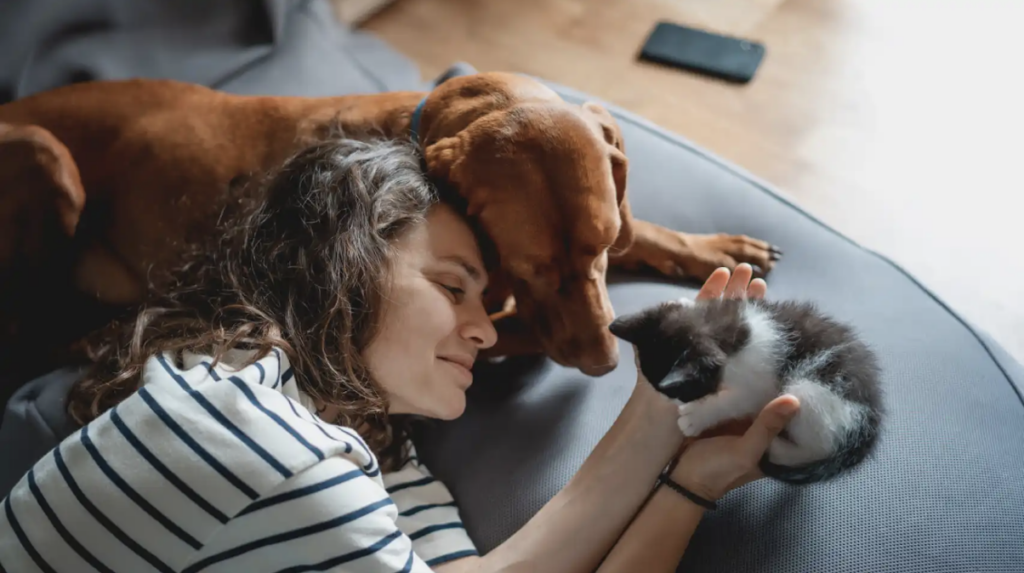 Una mujer junto a su perro y su gato.